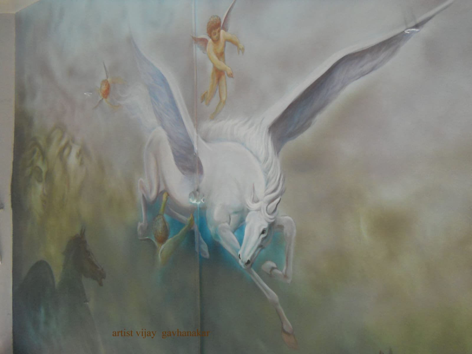 Pegasus Wall Mural with Cherubs — Fantasy Mythology Mural Art